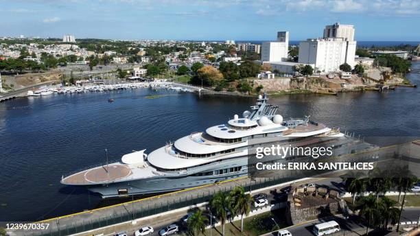 Aerial view of the Russian yacht Flying Fox at the Don Diego port, in Santo Domingo, on March 25, 2022. - Dominican authorities raided the Russian...