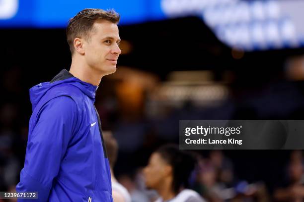 Associate head coach Jon Scheyer of the Duke Blue Devils smiles during their practice session ahead of the 2022 Men's Basketball Tournament Final...
