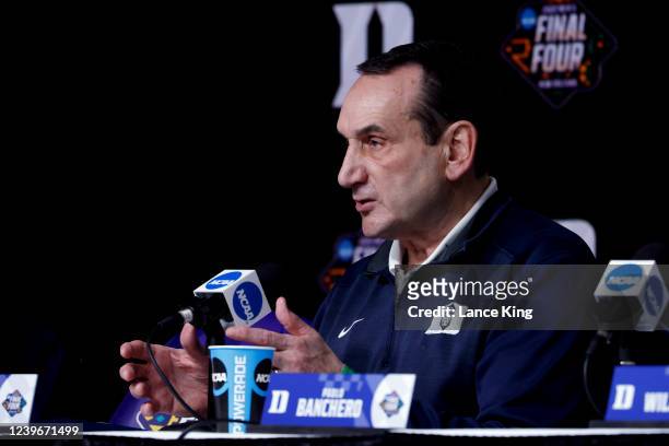 Head coach Mike Krzyzewski of the Duke Blue Devils speaks during their press conference ahead of the 2022 Men's Basketball Tournament Final Four at...