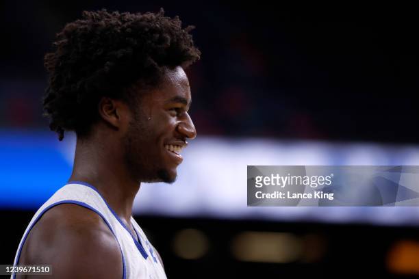 Griffin of the Duke Blue Devils smiles during their practice session ahead of the 2022 Men's Basketball Tournament Final Four at Caesars Superdome on...