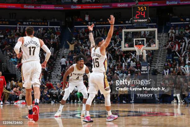 Jose Alvarado of the New Orleans Pelicans celebrates after a play during the game against the Chicago Bulls on March 24, 2022 at the Smoothie King...