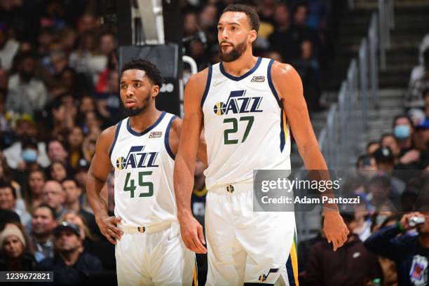 Donovan Mitchell and Rudy Gobert of the Utah Jazz looks on during the game against the LA Clippers on March 29, 2022 at Crypto.Com Arena in Los...