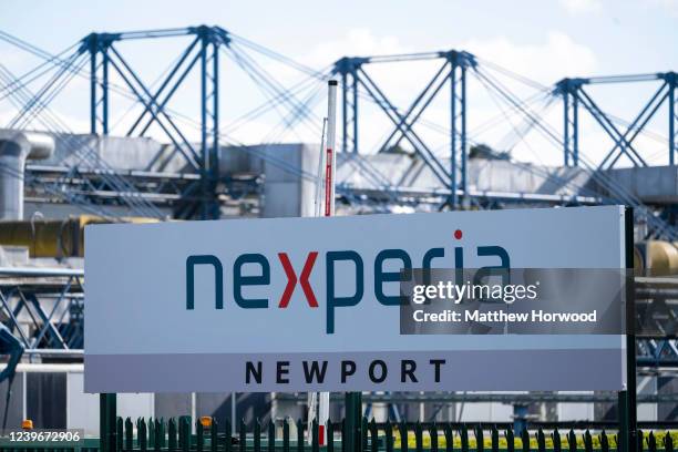Close-up view of the Nexperia plant sign on April 1, 2022 in Newport, Wales. Nexperia, a Dutch subsidiary of the Chinese technology company Wingtech,...