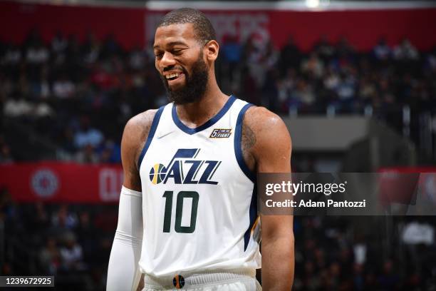 Greg Monroe of the Utah Jazz smiles during the game against the LA Clippers on March 29, 2022 at Crypto.Com Arena in Los Angeles, California. NOTE TO...