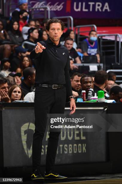 Head Coach Quin Snyder of the Utah Jazz looks on during the game against the LA Clippers on March 29, 2022 at Crypto.Com Arena in Los Angeles,...