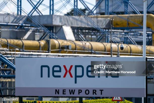 Close-up view of the Nexperia plant sign on April 1, 2022 in Newport, Wales. Nexperia, a Dutch subsidiary of the Chinese technology company Wingtech,...