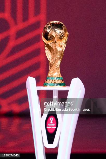 Fifa World Cup Trophy on stage during the FIFA World Cup Qatar 2022 Final Draw at Doha Exhibition Center on April 1, 2022 in Doha, Qatar.
