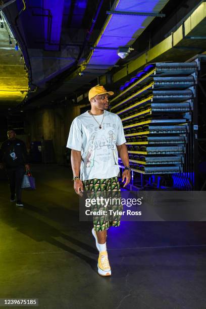 Russell Westbrook of the Los Angeles Lakers arrives at the arena before the game against the New Orleans Pelicans on April 1, 2022 at Crypto.Com...