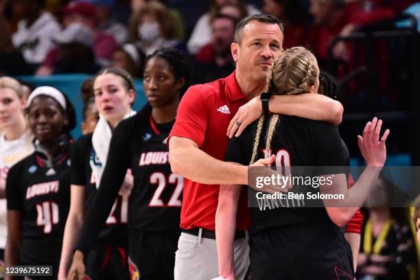 Head coach Jeff Walz of the Louisville Cardinals reacts to losing to the South Carolina Gamecocks during the semifinals of the NCAA Womens Basketball...