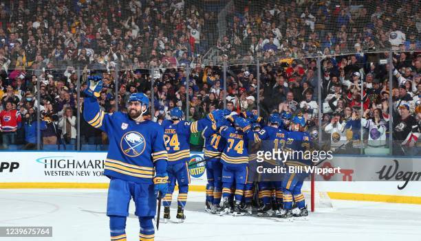 Alex Tuch of the Buffalo Sabres celebrates their victory against the Nashville Predators in an NHL game on April 1, 2022 at KeyBank Center in...