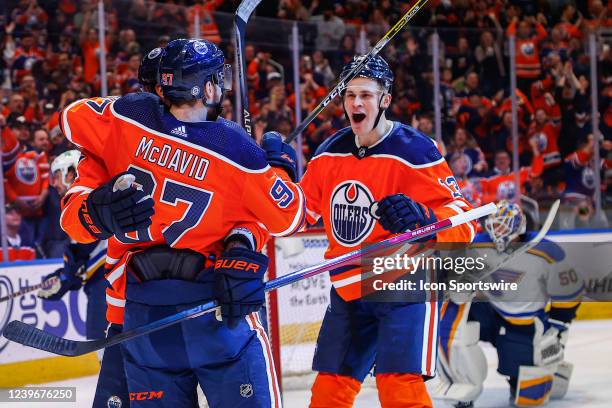 Edmonton Oilers Right Wing Jesse Puljujarvi celebrates a goal in the first period during the Edmonton Oilers game versus the St Louis Blues on April...