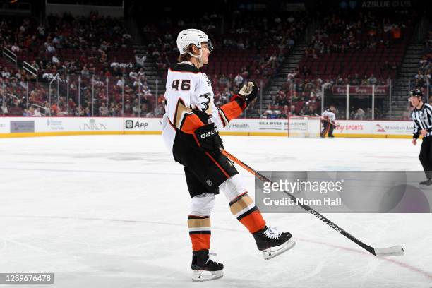 Trevor Zegras of the Anaheim Ducks celebrates after scoring a goal against the Arizona Coyotes during the first period at Gila River Arena on April...