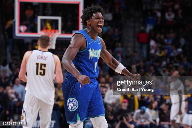 Anthony Edwards of the Minnesota Timberwolves celebrates during the game against the Denver Nuggets on April 1, 2022 at the Ball Arena in Denver,...