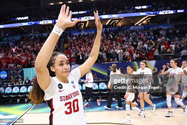 Haley Jones of the Stanford Cardinal waves to fans after their loss to the Connecticut Huskies during the semifinals of the NCAA Womens Basketball...