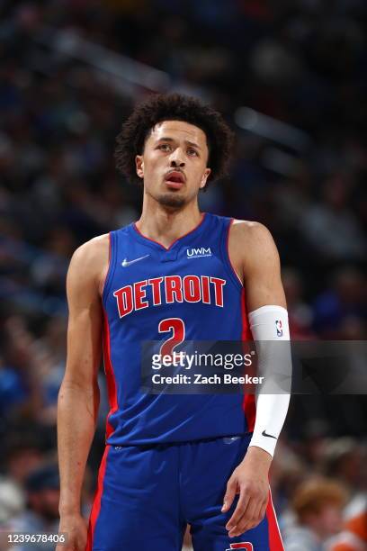 Cade Cunningham of the Detroit Pistons looks on during the game against the Oklahoma City Thunder on April 1, 2022 at Paycom Arena in Oklahoma City,...