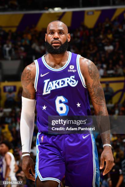 LeBron James of the Los Angeles Lakers looks on during the game against the New Orleans Pelicans on April 1, 2022 at Crypto.Com Arena in Los Angeles,...