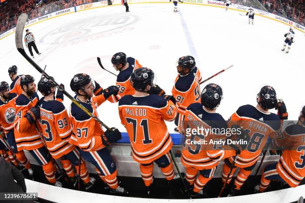 Leon Draisaitl and Evander Kane of the Edmonton Oilers celebrate with team mates after a goal during the game against the St Louis Blues on April 1,...