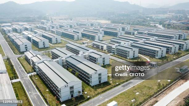 An aerial photo taken on April 2, 2022 shows the Guangzhou International Health Station in Guangzhou, Guangdong Province, China. The "international...