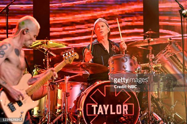 Episode 1628 -- Pictured: Drummer Chad Smith of musical guest Red Hot Chili Peppers performs on Friday, April 1, 2022 --