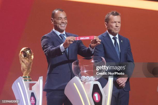 Legend Cafu draws England during the FIFA World Cup Qatar 2022 Final Draw at Doha Exhibition and Convention Center on April 1, 2022 in Doha, Qatar.