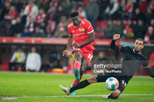 Taiwo Awoniyi of Union Berlin shoots during FC Union Berlin against FC Cologne, at An der Alten Forsterei, Berlin, Germany on April 1, 2022.