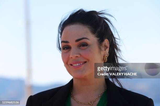 French actress Lola Dewaere poses during the "Astrid et Raphaelle" photocall as part of the 5th edition of the Cannes International Series Festival...
