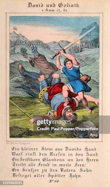 Religious illustration featuring the end of the contest between David and Goliath with David triumphant, based on 1 Samuel 17:51, published by Maler...