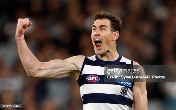 Jeremy Cameron of the Cats celebrates a goal during the 2022 AFL Round 03 match between the Collingwood Magpies and the Geelong Cats at the Melbourne...