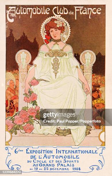 Vintage Art Nouveau postcard illustration featuring an exotically attired woman with ornate jewellery and flowers in her hair sitting on a throne...