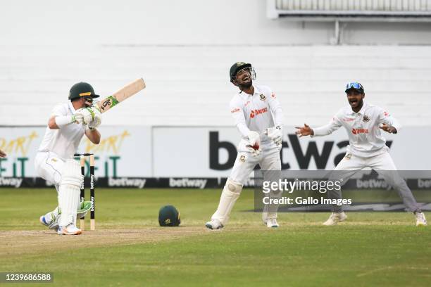 Dean Elgar, captain of South Africa and Liton Das of Bangladesh during day 3 of the 1st ICC WTC2 Betway Test match between South Africa and...