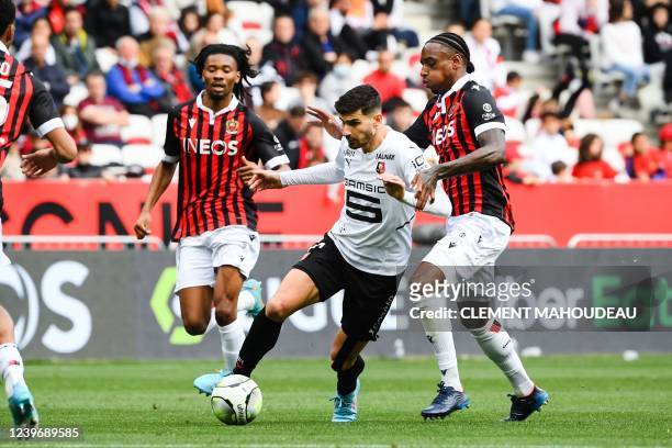 Rennes' French forward Martin Terrier vies for the ball the French L1 football match between OGC Nice and Stade Rennais FC at the "Allianz Riviera"...