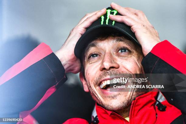 Nine-time MotoGP world champion, Valentino Rossi reacts during a practice session as part of the Fanatec GT World Challenge Europe 2022 on April 02,...