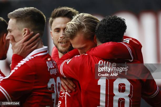 Daan Rots of FC Twente, Ricky van Wolfswinkel of FC Twente, Michel Vlap of FC Twente, Dimitris Limnios of FC Twente celebrate the 1-0 during the...