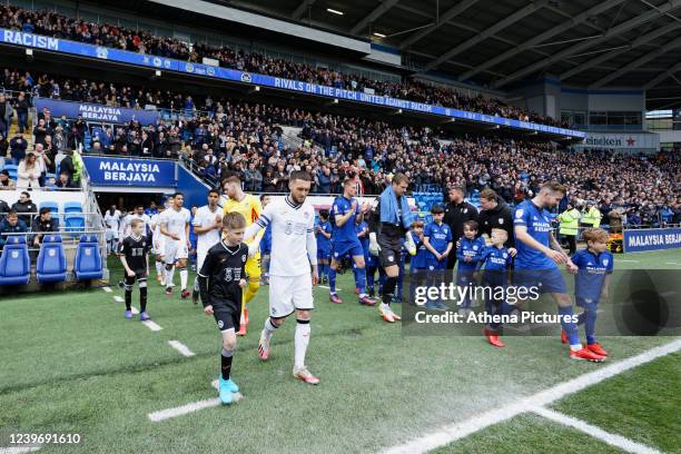 Matt Grimes of Swansea City exits the tunnel with team mates prior to the Sky Bet Championship match between Cardiff City and Swansea City at Cardiff...