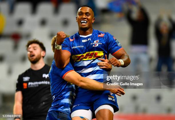 Leolin Zas of the Stormers celebrate after scoring a try during the United Rugby Championship match between DHL Stormers and Ospreys at DHL Stadium...