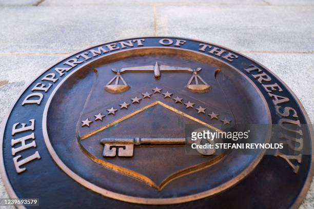 The seal of the US Treasury Department in Washington, DC, on April 2, 2022.