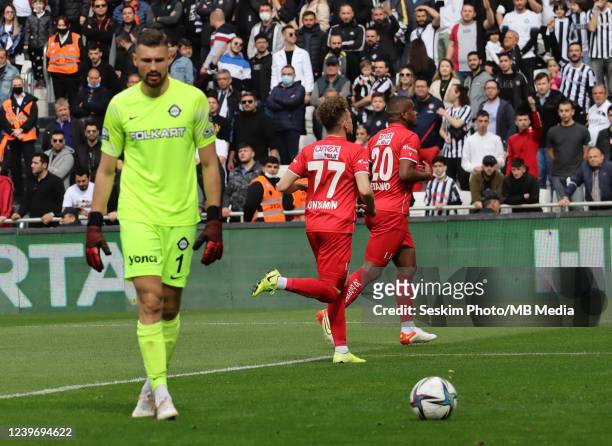 Goalkeeper Mateusz Lis of Altay and Bunyamin Balci , Fernando Lucas Martins of Fraport TAV Antalyaspor during the Turkish Super League football match...