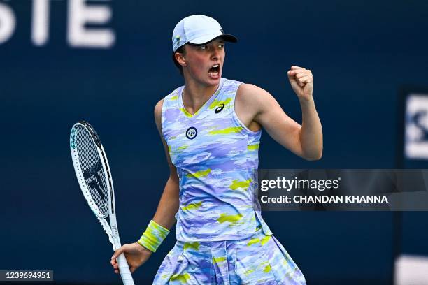 Polands Iga Swiatek reacts during the womens single finals at the 2022 Miami Open presented by Itaú at Hard Rock Stadium in Miami Gardens, Florida,...