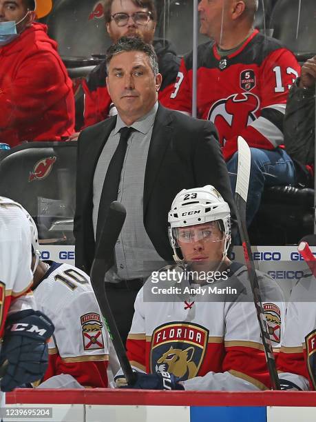 Florida Panthers interim head coach Andrew Brunette looks on from the bench during the game against the New Jersey Devils at the Prudential Center on...