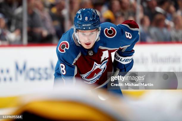 Cale Makar of the Colorado Avalanche looks on during a face-off against the Pittsburgh Penguins at Ball Arena on April 2, 2022 in Denver, Colorado.