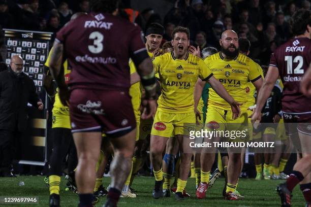 La Rochelle's reacts after winning the match during the French Top14 rugby union match between Union Bordeaux-Begles and Stade Rochelais at the...
