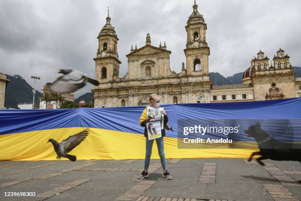 Pigeons fly around a Ukrainian girl as she protest in the Colombian capital gather at the Bolivar Square, during a protest against the attacks on...