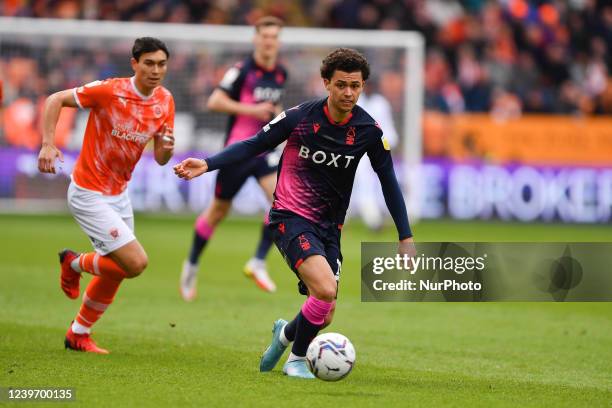 Brennan Johnson of Nottingham Forest looking for options during the Sky Bet Championship match between Blackpool and Nottingham Forest at Bloomfield...