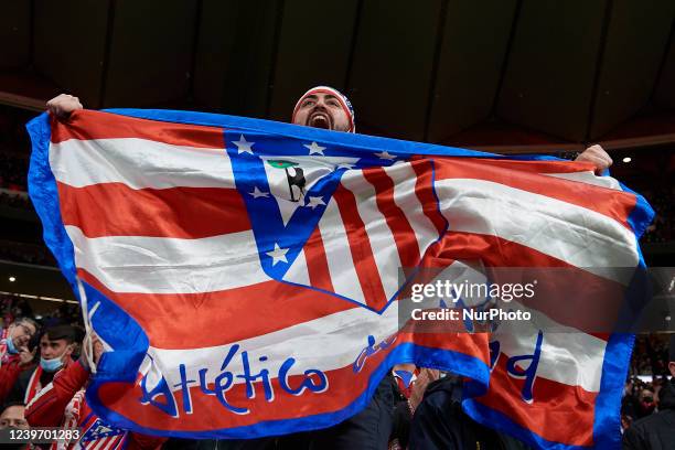 Supporter celebrates victory after the La Liga Santander match between Club Atletico de Madrid and Deportivo Alaves at Estadio Wanda Metropolitano on...