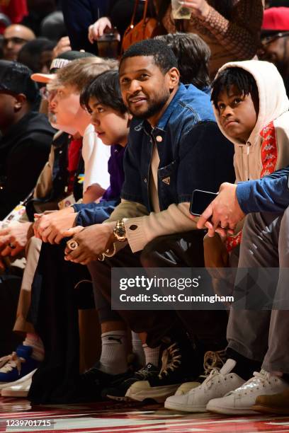 Singer, Usher attends the game between the Brooklyn Nets and the Atlanta Hawks on April 2, 2022 at State Farm Arena in Atlanta, Georgia. NOTE TO...