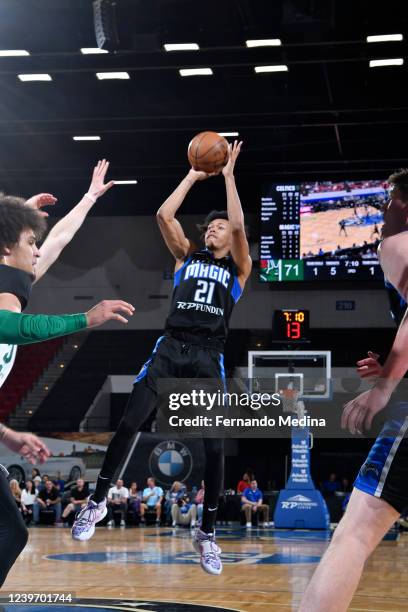 Jeff Dowtin of the Lakeland Magic shoots a jump shot against the Maine Celtics during the game on April 2, 2022 at RP Funding Center in Lakeland,...