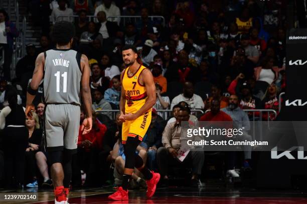 Timothe Luwawu-Cabarrot of the Atlanta Hawks celebrates during the game against the Brooklyn Nets on April 2, 2022 at State Farm Arena in Atlanta,...