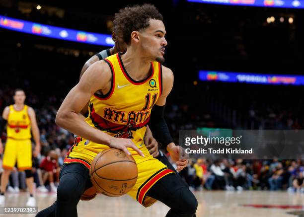Trae Young of the Atlanta Hawks looks to pass during the second half against the Brooklyn Nets at State Farm Arena on April 2, 2022 in Atlanta,...