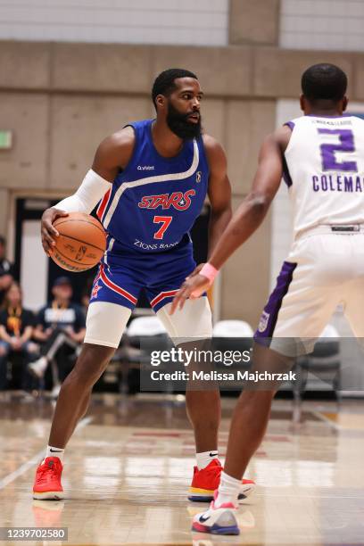 Jared Wilson-Frame of the Salt Lake City Stars looks to make his move against Matt Coleman of the Stockton Kings at Bruins Arena on April 02, 2022 in...