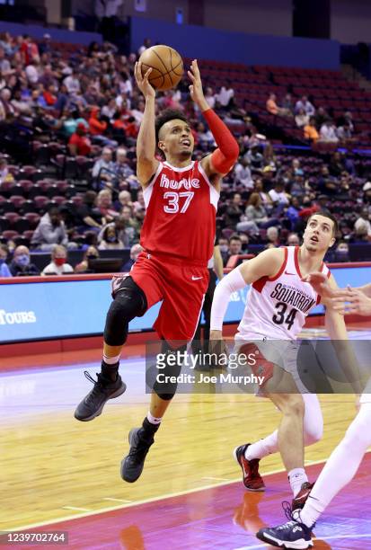 Reggie Hearn of the Memphis Hustle shoots the ball against the Birmingham Squadron during an NBA G-League game on April 2, 2022 at Landers Center in...